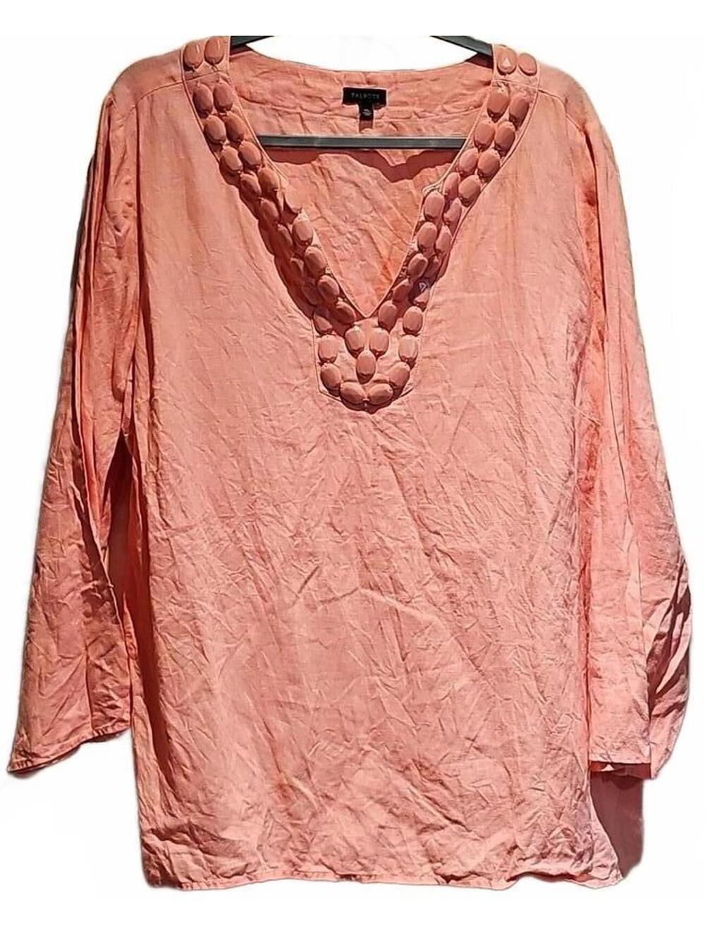 Talbots Women's Tunic Top Pink Linen Cotton Beaded Neck Size XL